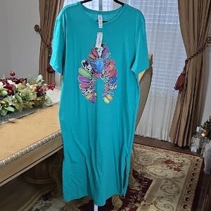 Teal Dress with Colorful Feather Design